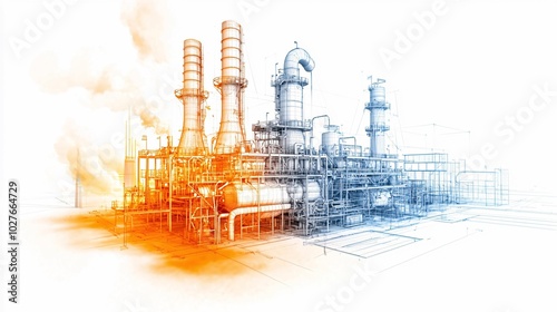 An industrial facility illustrated with orange and blue tones, featuring tall chimneys and complex structures, symbolizing energy production and manufacturing.