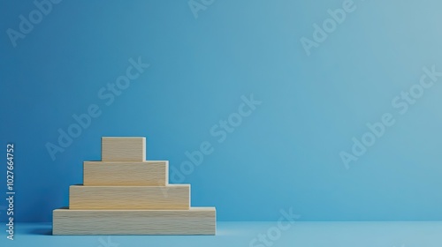 Wooden Blocks Arranged in Steps on Blue Background