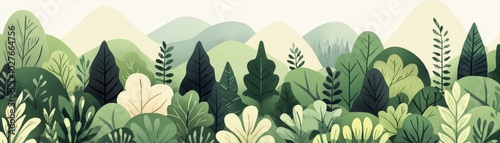 Stylized illustration of lush greenery and mountains in soft tones.