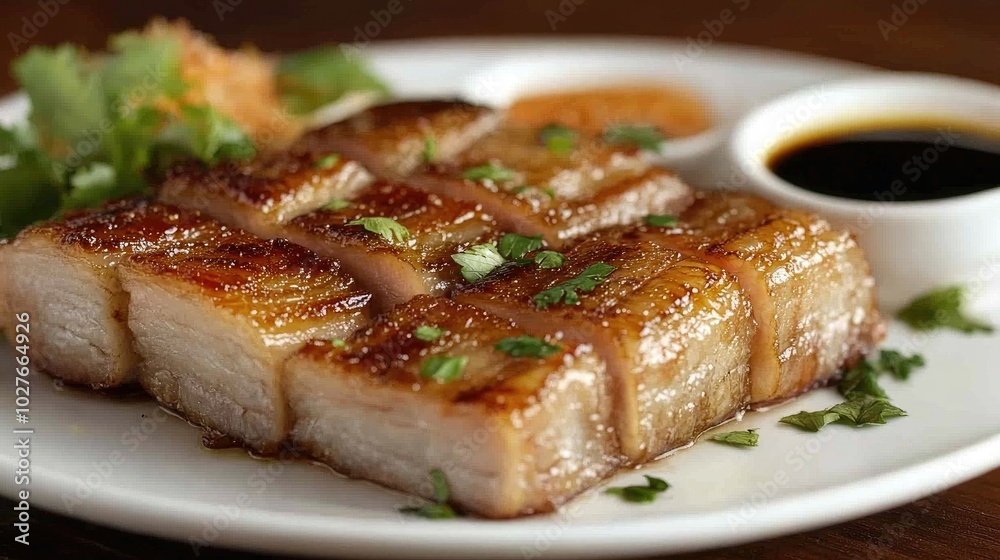 Deliciously Grilled Pork Belly with Sauce and Herbs Deliciously Grilled Pork Belly with Sauce and Herbs