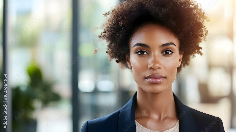 A confident woman with natural hair poses in a professional setting, exuding poise. A confident woman with natural hair poses in a professional setting, exuding poise.