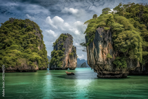 Traditional boat in tropical lagoon surrounded by towering limestone cliffs