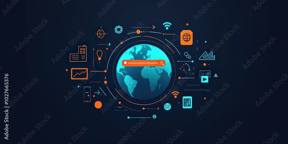 Naklejka premium Digital representation of global connectivity with Earth surrounded by icons of various technologies, showcasing modern innovations in communication, data, and security.