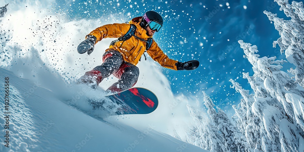 Snowboarder mid-jump against bright blue sky, snow flying beneath board, vibrant gear contrasting with white snow, capturing adrenaline and excitement of winter sports in clear alpine setting. Snowboarder mid-jump against bright blue sky, snow flying beneath board, vibrant gear contrasting with white snow, capturing adrenaline and excitement of winter sports in clear alpine setting.