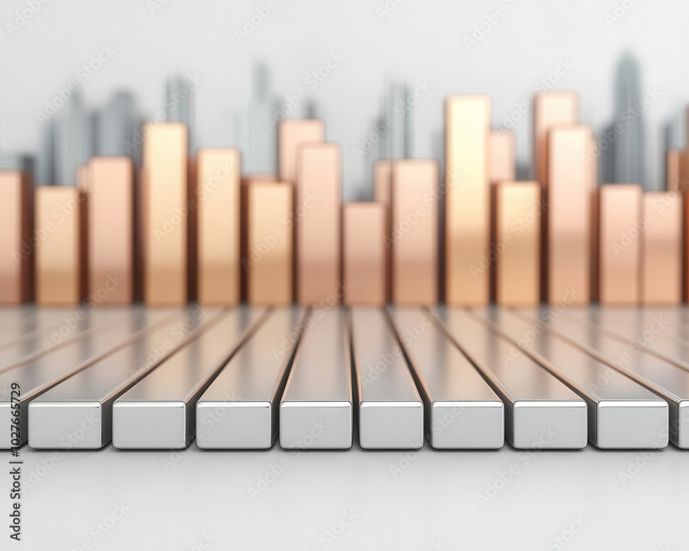 Abstract metallic 3D bars rising on a white background, symbolizing business achievement, Metallic business chart, Success visualization Abstract metallic 3D bars rising on a white background, symbolizing business achievement, Metallic business chart, Success visualization