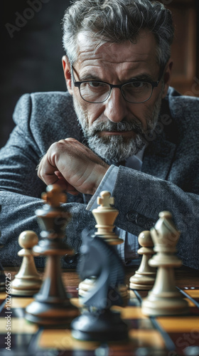 A business executive analyzing chessboard, contemplating strategic decisions in competitive environment, with focus on planning, risk management, and leadership insights to achieve corporate success. photo