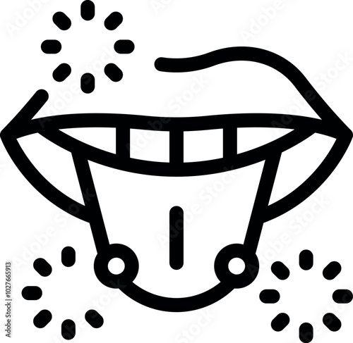 Mouth piercing showing teeth and tongue with shining jewelry balls icon outline
