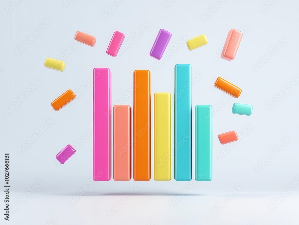 Colorful abstract 3D bars floating on a white background, symbolizing business growth and achievement, Floating bar chart, Business achievement Colorful abstract 3D bars floating on a white background, symbolizing business growth and achievement, Floating bar chart, Business achievement