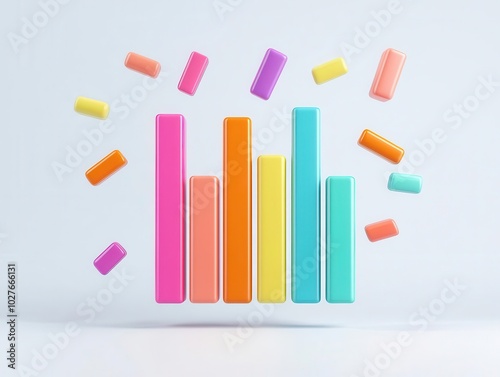 Colorful abstract 3D bars floating on a white background, symbolizing business growth and achievement, Floating bar chart, Business achievement