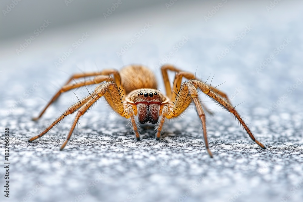 Close-up View of a Brown Spider Crawling on a Textured Gray Surface in Natural Light Close-up View of a Brown Spider Crawling on a Textured Gray Surface in Natural Light