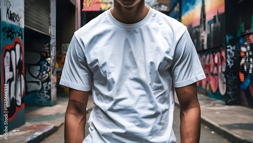 White T shirt mockup cotton apparel, isolated with green leaves flower on background. Design plain Tshirt template, T-shirt business print presentation mock up Top view flat tee lay