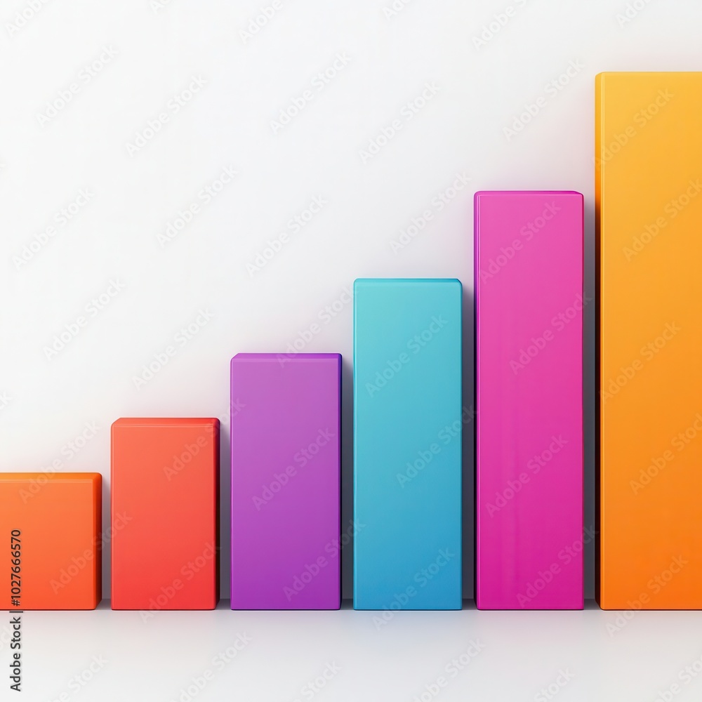 Colorful 3D bar chart emerging from a futuristic white surface, representing data analytics and progress, Abstract data chart, Business progress Colorful 3D bar chart emerging from a futuristic white surface, representing data analytics and progress, Abstract data chart, Business progress