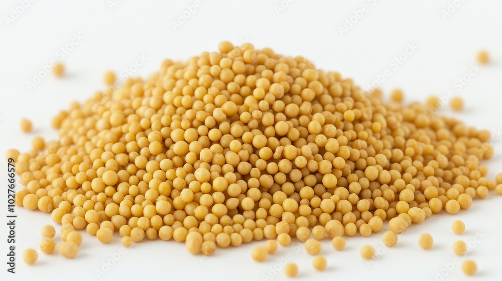 A small pile of whole mustard seeds with their tiny, round shape and yellowish color, scattered on a white background A small pile of whole mustard seeds with their tiny, round shape and yellowish color, scattered on a white background