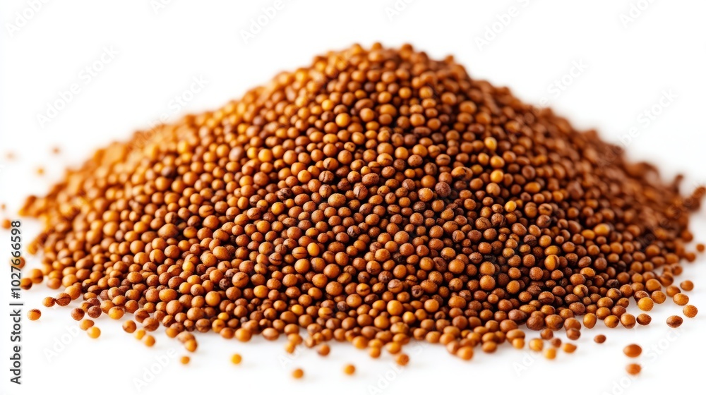 A small pile of whole mustard seeds with their tiny, round shape and yellowish color, scattered on a white background A small pile of whole mustard seeds with their tiny, round shape and yellowish color, scattered on a white background