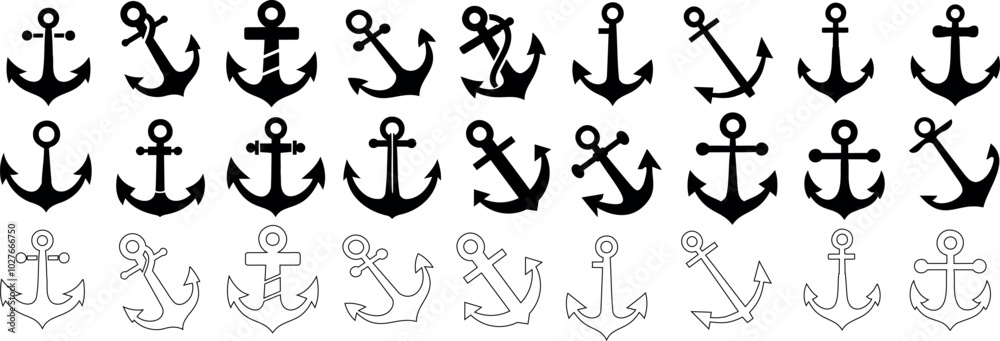 Anchor icons set. Black anchor vector anchors for marine, nautical designs. Classic and modern anchor outline designs and solid styles isolated on white Anchor icons set. Black anchor vector anchors for marine, nautical designs. Classic and modern anchor outline designs and solid styles isolated on white
