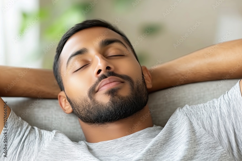 Carefree Indian Man Relaxes on Sofa in Stylish Living Room Enjoying Fresh Air in Comfort Carefree Indian Man Relaxes on Sofa in Stylish Living Room Enjoying Fresh Air in Comfort