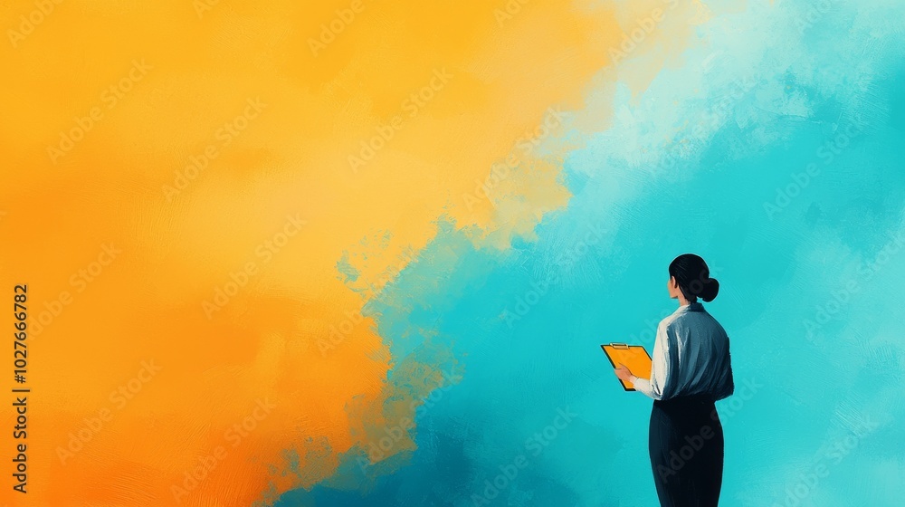 Woman observing vibrant abstract background with digital tablet. Woman observing vibrant abstract background with digital tablet.