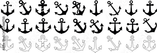 Anchor icons set. Black anchor vector anchors for marine, nautical designs. Classic and modern anchor outline designs and solid styles isolated on white