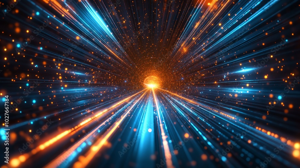 Obraz premium Abstract futuristic background with blue and orange light streaks and glowing particles, creating a dynamic and energetic effect.
