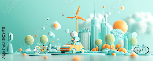 Carbon neutral transport system with eco-friendly bicycles and electric cars, 3D illustration photo