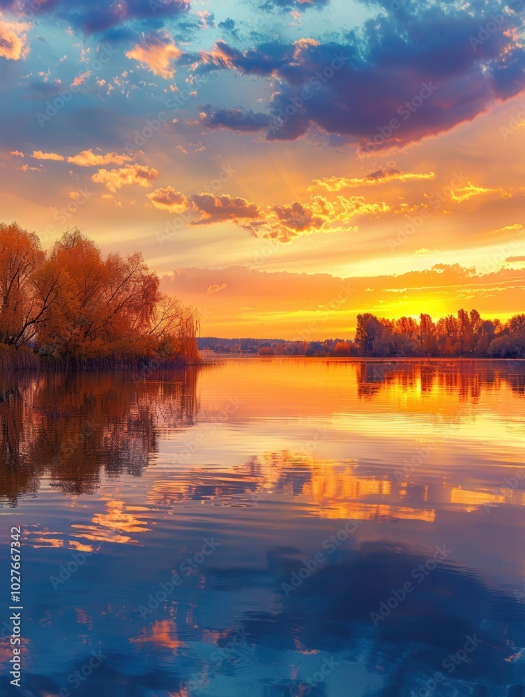 Obraz premium A stunning autumn sunset fills the sky with vibrant hues as its reflections dance on the calm waters of the serene landscape. Generative AI