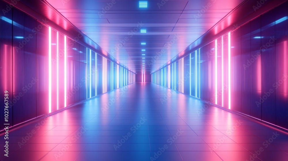 An empty, futuristic corridor with bright pink and blue neon lights reflecting on the glossy floor. An empty, futuristic corridor with bright pink and blue neon lights reflecting on the glossy floor.