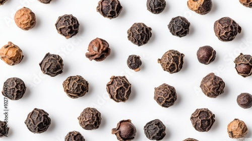 A collection of whole dried cubeb peppercorns with their rough, wrinkled texture, scattered on a white background