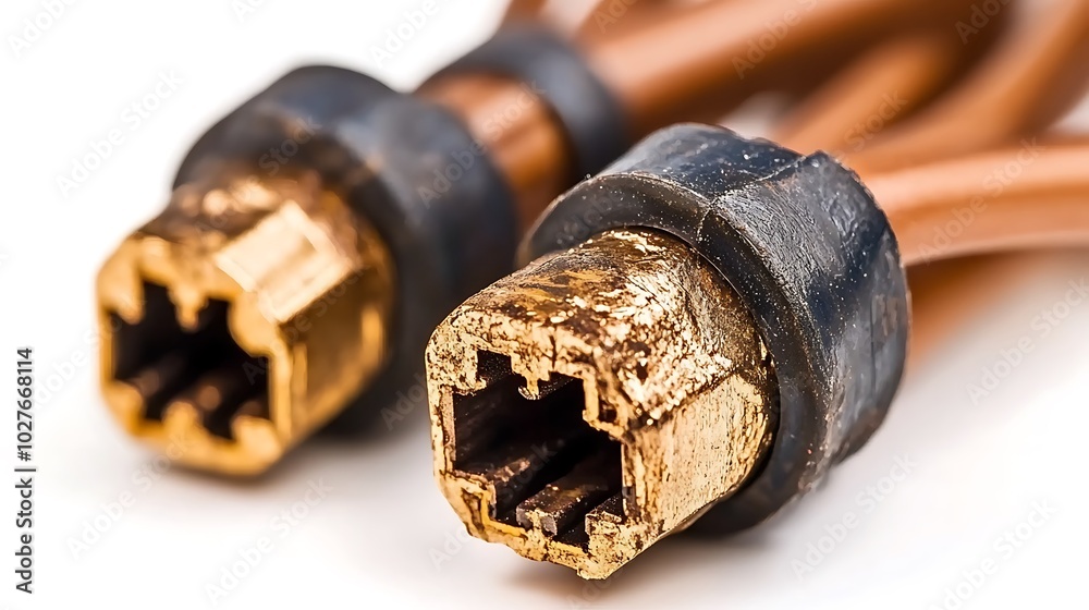 Close-up of two old, worn-out electrical connectors with visible corrosion on the gold-colored metal tips and black rubber insulation. Close-up of two old, worn-out electrical connectors with visible corrosion on the gold-colored metal tips and black rubber insulation.