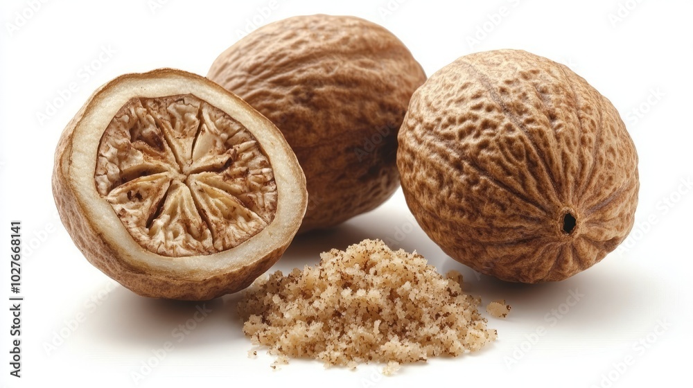 A close-up of whole fresh nutmeg, with its wrinkled brown surface and a few grated shavings nearby, isolated on a white background A close-up of whole fresh nutmeg, with its wrinkled brown surface and a few grated shavings nearby, isolated on a white background