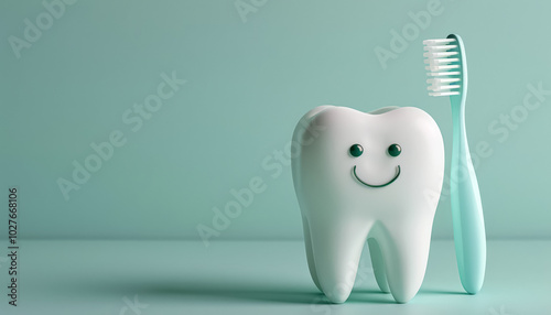 Toothbrush and toothpaste are next to a cartoon tooth. The toothbrush is blue and the toothpaste is white. The tooth is smiling and he is happy