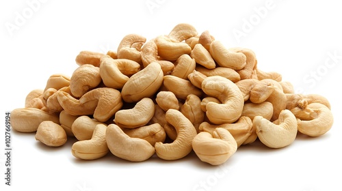 A heap of raw cashew nuts isolated on a white background.