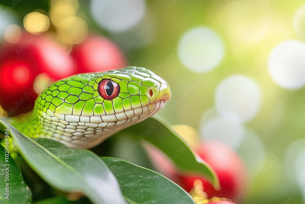 Fototapeta premium Green Snake Celebrating the Chinese New Year With Red Lanterns and Gold Decorations