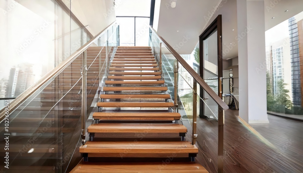 Modern steel staircase with wooden steps in a new apartment in a residential building Modern steel staircase with wooden steps in a new apartment in a residential building