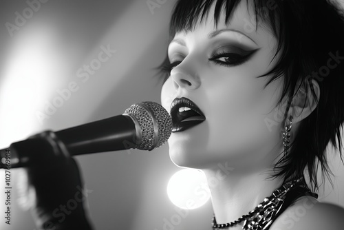 Dynamic Female Dark Metal Singer Performing Passionately on Stage With Captivating Energy