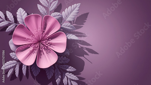 Pink flower and grey leaves on purple background, delicate and feminine, perfect for spring or Mother's Day. 

