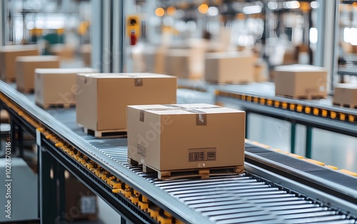 Packages moving along a conveyor belt in a modern warehouse, showcasing the efficiency of automated logistics and shipping processes.