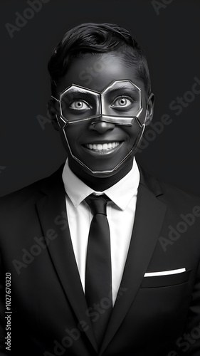 Black and white portrait of a man in a suit with a futuristic mask, conveying a sense of mystery and technology. 

