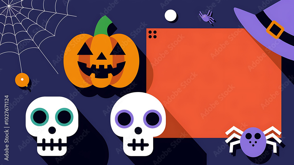 Orange pumpkin, purple skull, Halloween party invitation, festive fun.
Orange pumpkin, purple skull, Halloween party invitation, festive fun.
