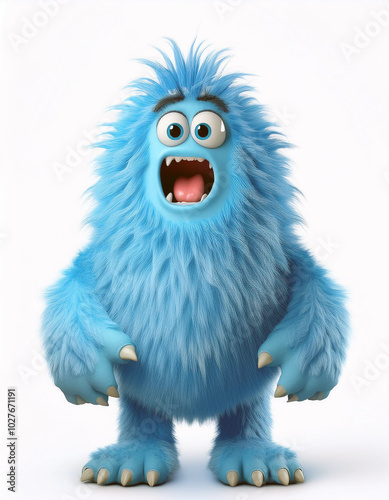 Cute blue furry monster with big eyes and open mouth, cartoon style