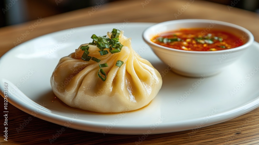 Steamed Dumpling with Spicy Sauce on a Plate Steamed Dumpling with Spicy Sauce on a Plate