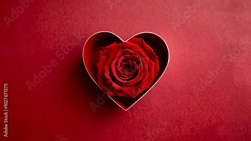 Red rose in heart shaped box on red background, Romantic Valentine's Day love concept. 
