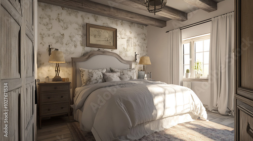 Modern farmhouse bedroom with French country decor and rustic charm