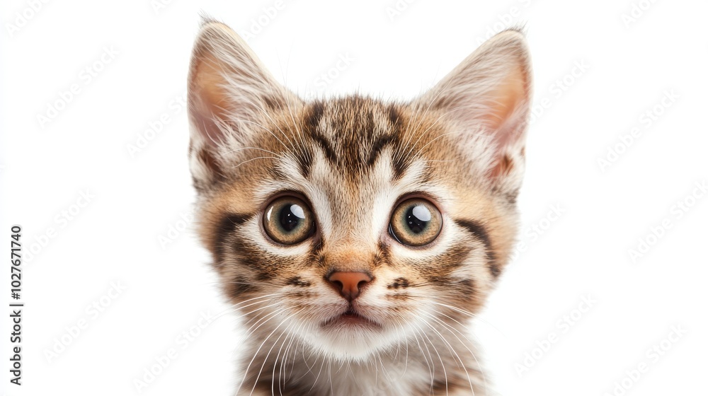 Obraz premium A close-up portrait of a cute tabby kitten with big, curious eyes, looking directly at the camera against a white background.