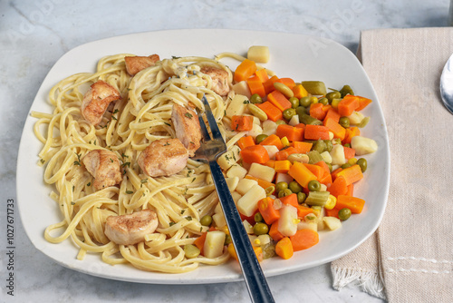 chicken  alfredo  with mixed  vegetables photo