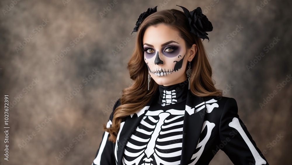 A gorgeous woman wearing a gothic-inspired skeleton outfit with intricate face paint and bone details A gorgeous woman wearing a gothic-inspired skeleton outfit with intricate face paint and bone details