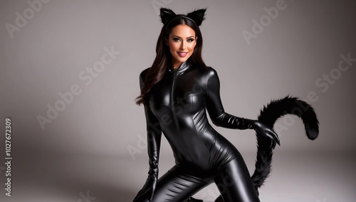 A stunning woman in a sleek black cat costume complete with shiny leather bodysuit and playful tail photo