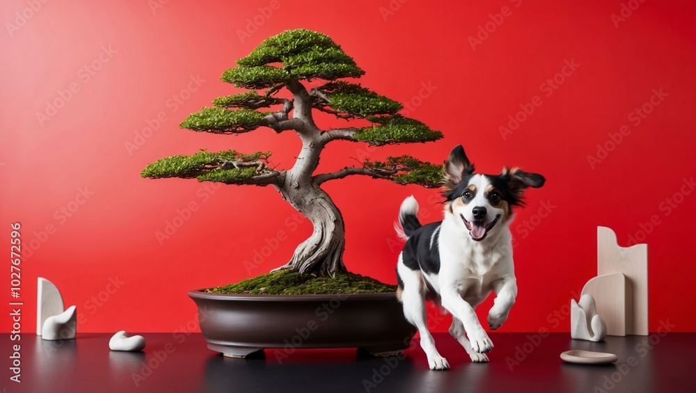 Obraz premium Joyful Dog Playing Near a Bonsai Tree on Bold Red Background