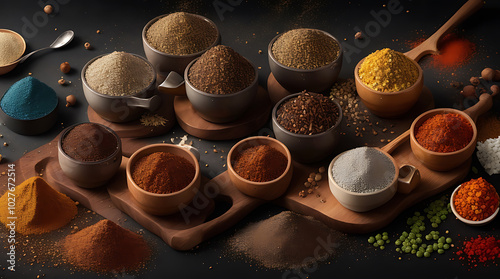 High quality best beep chili cookery seasonings in cups, Spice background on the wooden table background.