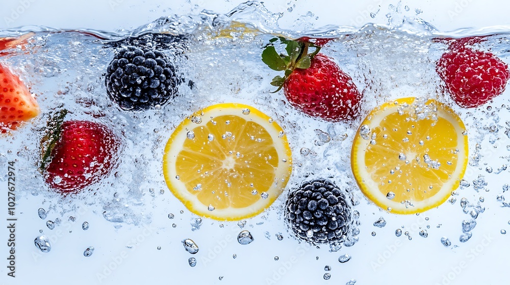 Fresh berries, lemon slices and strawberries submerged in water with bubbles. Fresh berries, lemon slices and strawberries submerged in water with bubbles.