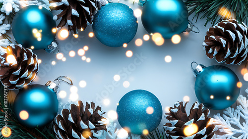 Blue Christmas ornaments and pine cones on white background with bokeh lights for festive winter holiday design. 
